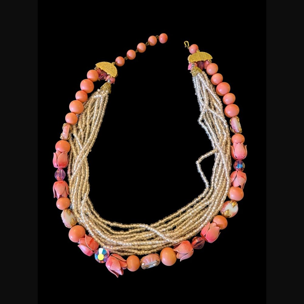 Vintage Pink Flower And Crystal Bead Multistrand Statement Necklace 23.5"